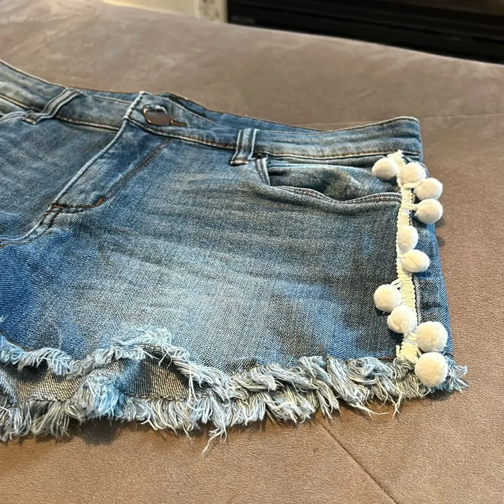 STS Blu Distressed Blue Jean Shorts with Pom-Pom Trim - Picture 6 of 12